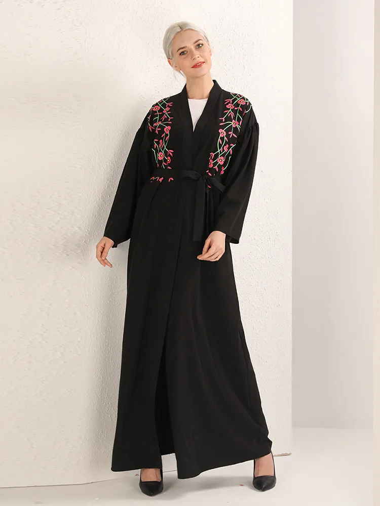 

Ramadan Eid Tangled Flowers Muslim Robes Musulmane Abaya Kimono Cardigan Muslim Dress Worship Service Clothing With Belt Wy780