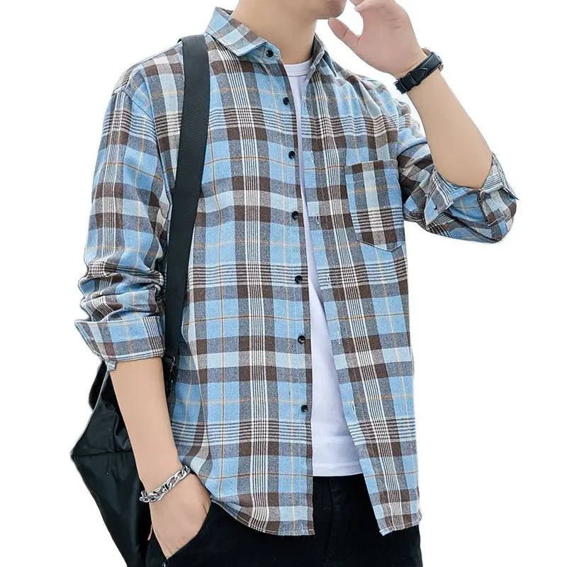 

2022 New Mens Plaid Shirt 100% Cotton High Quality Mens Business Casual Long Sleeve Shirt Male Social Dress Shirts Flannel