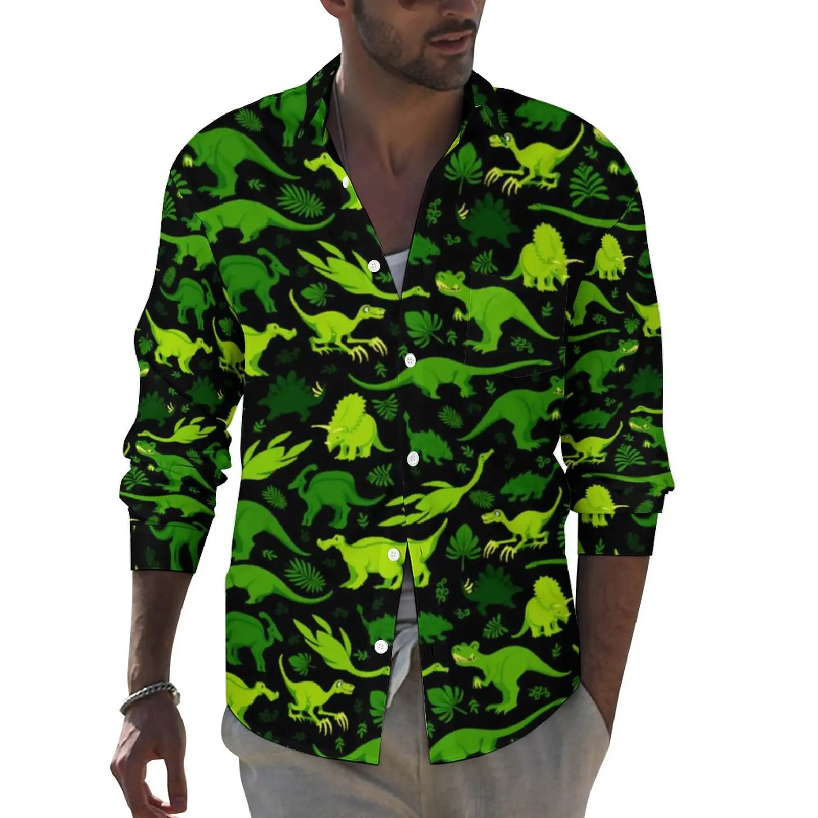

Tiny Dinosaurs Green Shirt Spring Jungle Leaves Print Casual Shirts Men Retro Blouses Long Sleeve Funny Clothing Plus Size 4XL