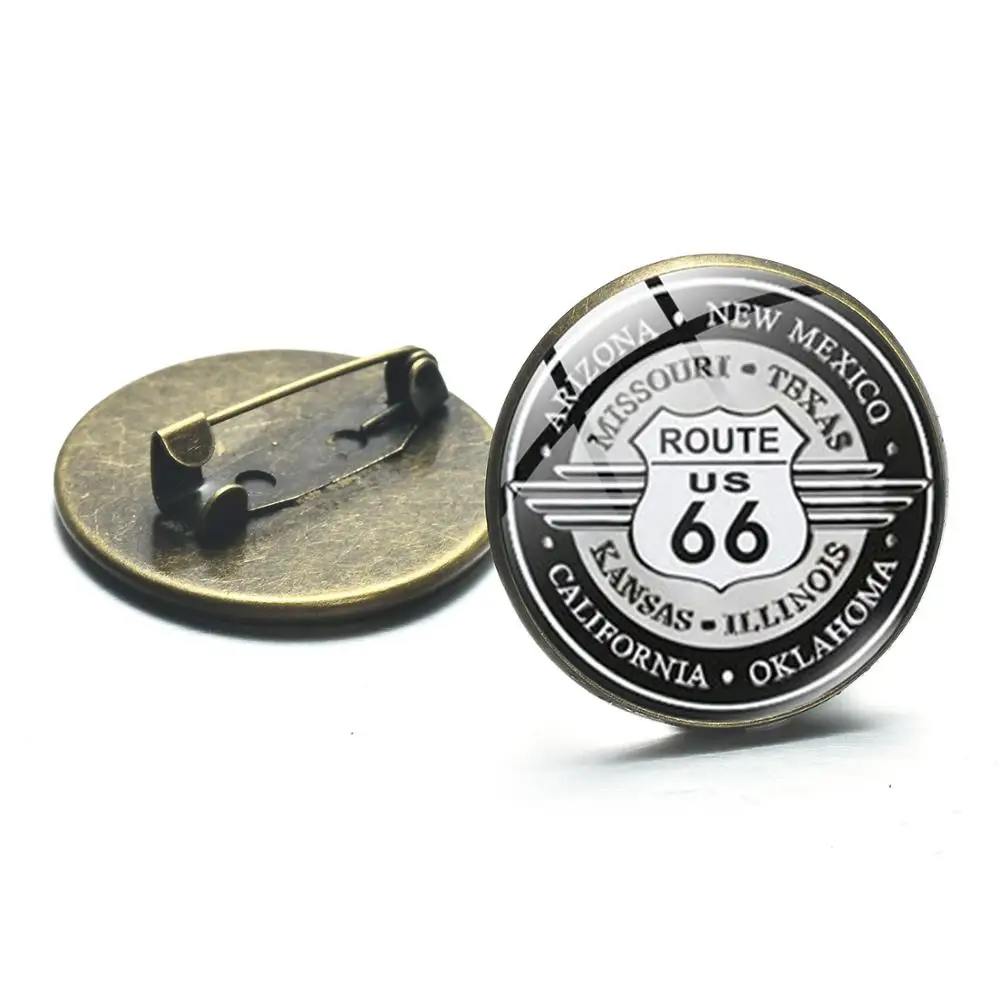 

Nice Old-fashion US Route 66 Brooches Pins Badges on Denim Shirt Backpack Retro Pattern Glass Cabochon Metal Lapel Pin Button