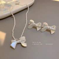 korean pearl bow necklaces earrings and earrings