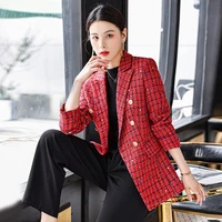 red plaid autumn winter ladies professional office lapel double breasted suit jacket casual women work loose coat solid blazers