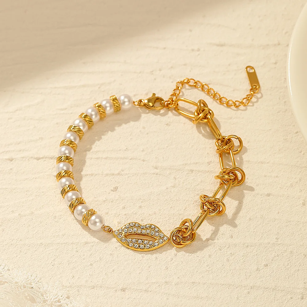 Женский браслет из нержавеющей стали с имитацией жемчуга и фианитами