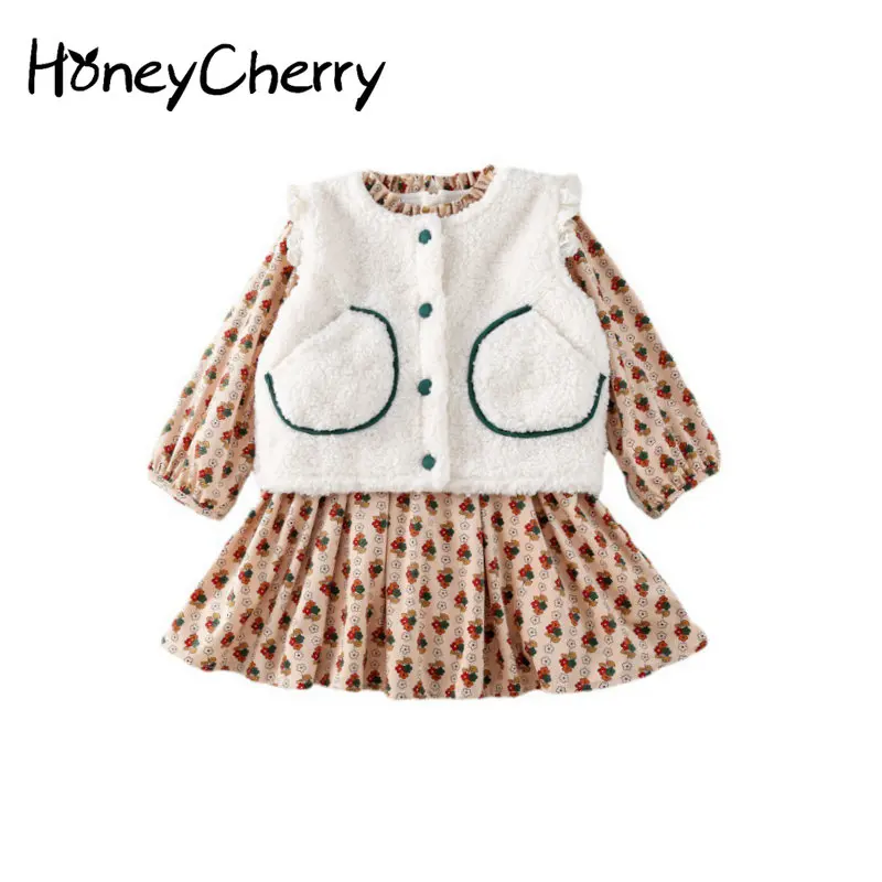 

HoneyCherry Girl's Padded Warm Dress Set Winter New Children's Floral Princess Dress Plush Waistcoat Two-piece Set Girl Clothes