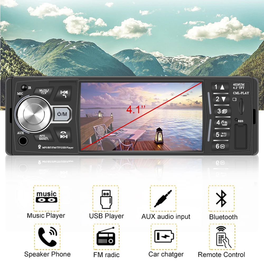 Car Radio 1 Din Audio Video MP5 Player 4.1 Inch Screen Bluetooth 4.2 Multicolor Lighting Remote Control TF USB Fast Charging FM