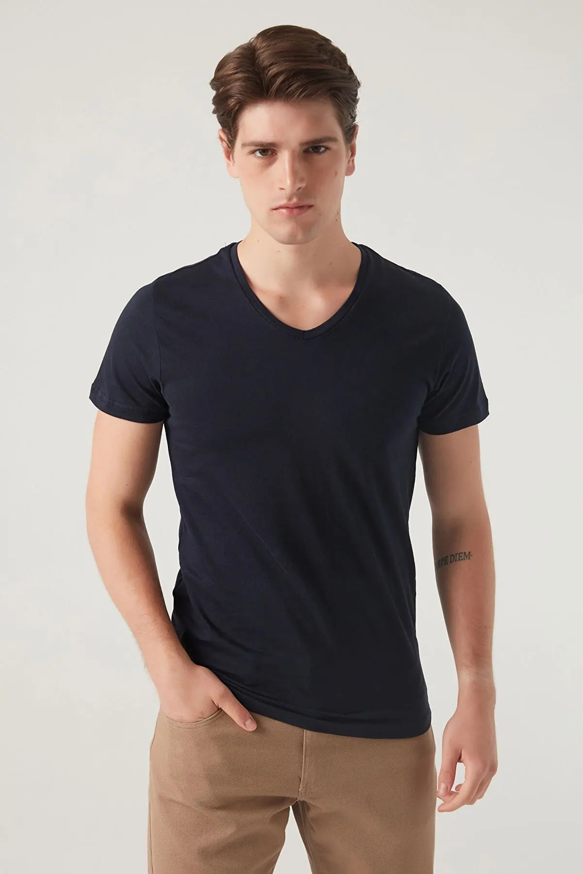 

Slim Fit V neck Navy Blue Color Men's t-shirt 100% Cotton T-Shirts For Men Summer Fashion Men's Clothing