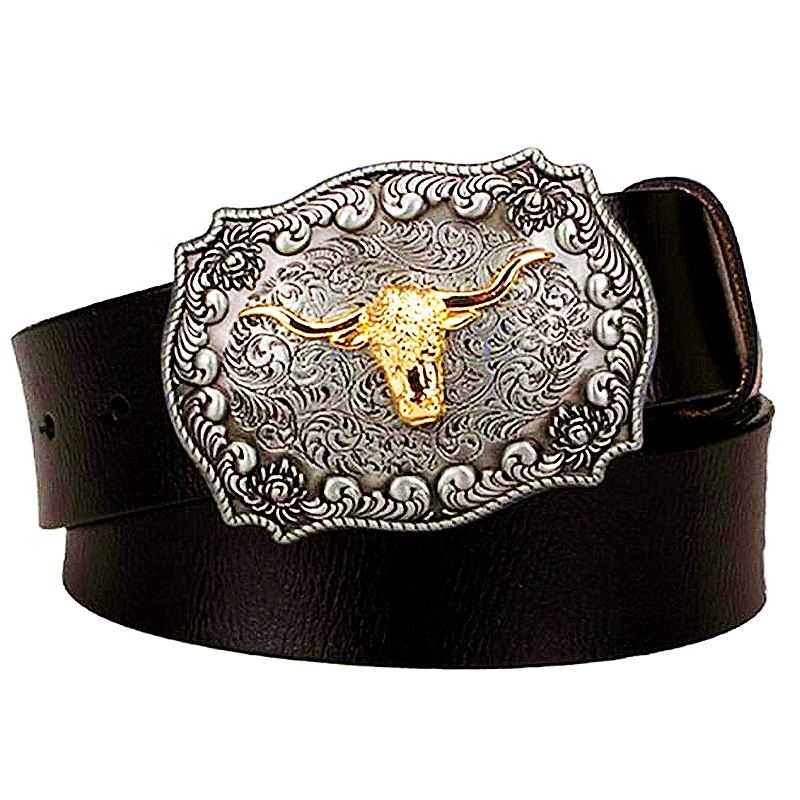 Men Cowskin Leather Belt American West Cowboy Golden Cow Head Pin Buckle Cowhide Belt Men's Gift
