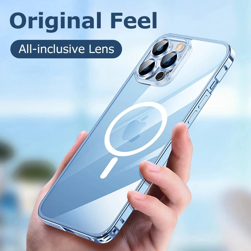 Magnetic Metal Frame Phone Case Iphone 12 13 14 Pro Max Plus Lens Protection Transparent PC Cover For Magsafe Wireless Charging