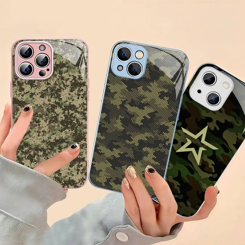 Фото Камуфляжный военный чехол из закаленного стекла для iPhone 14 13 12 Mini 11 Pro XS Max X XR 14 Plus №3