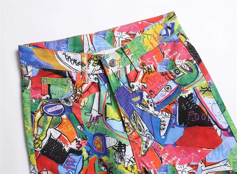 Men's Colorful Graffiti Printed Jeans Y2K Colorful Slim Fit Tapered Elastic Casual Pants Fashion Street Clothing Small Foot Pant