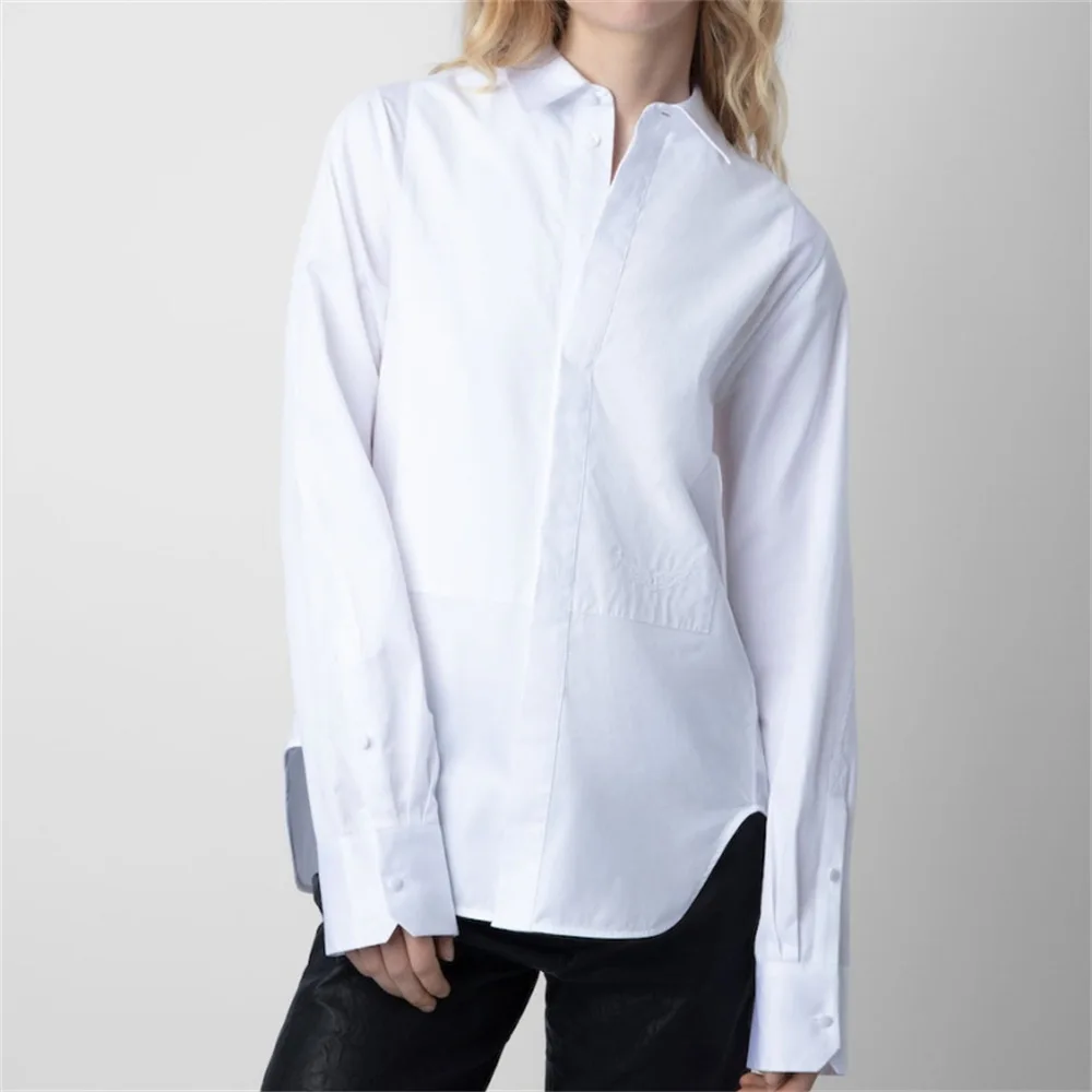 

Simple 2023 Autumn New Lapel Embroidery Loose Top Women's Long-sleeved Shirt