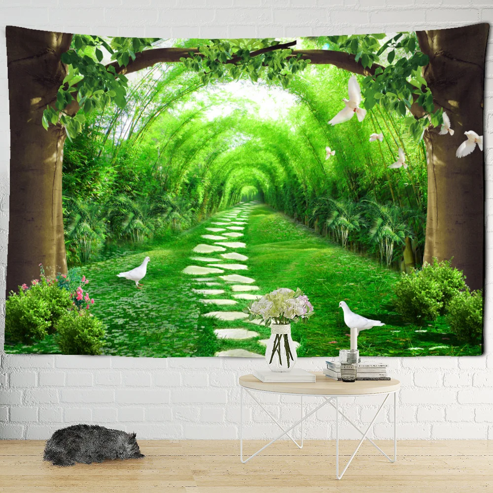 

Stone Road In The Forest Tapestry 3D Forest Scenery Wall Hanging Bohemian Style Pigeon Tree Scene Home Decor