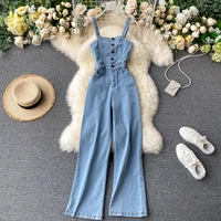 vintage denim overalls rompers womens 2022 summer sexy spaghetti straps jumpsuit jeans wide leg pants female holiday clothing