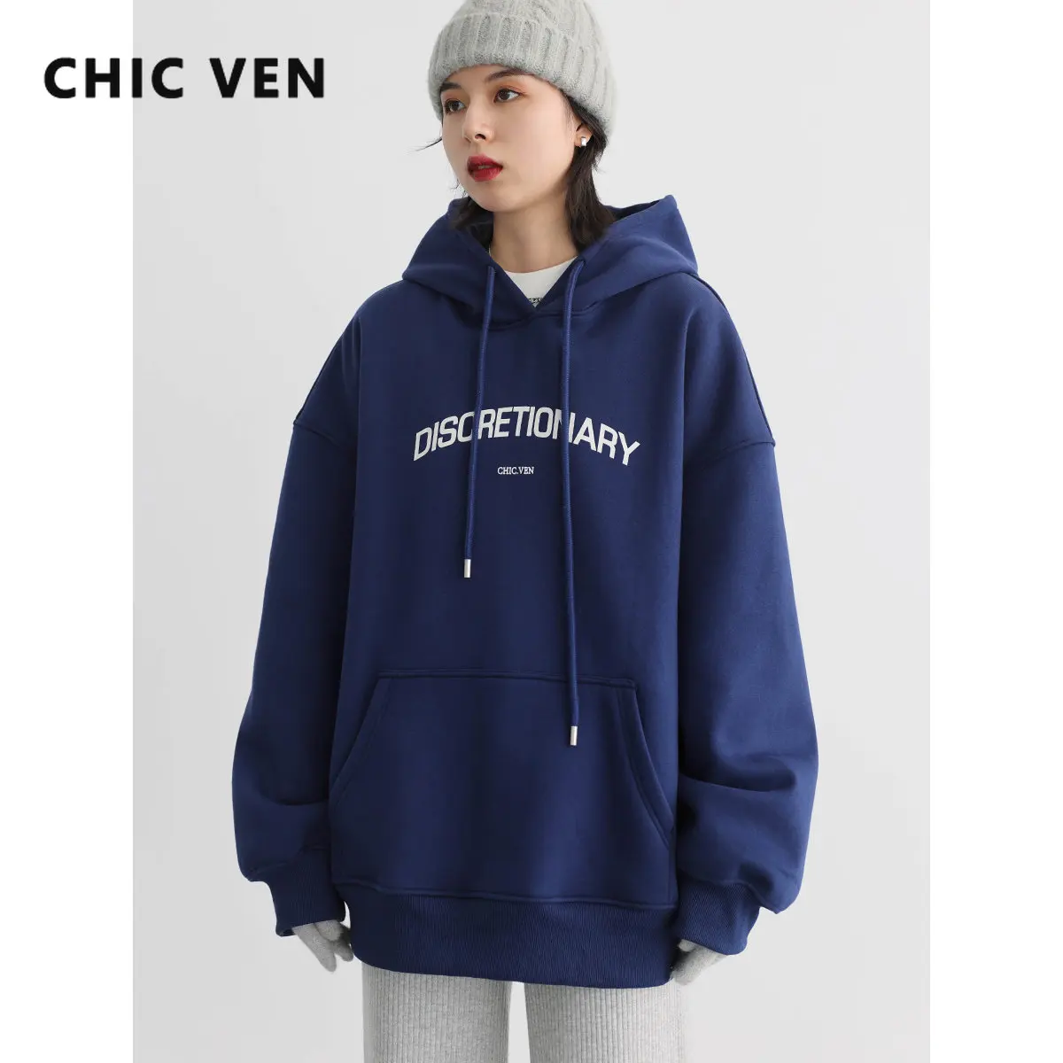 

CHIC VEN Women's Sweatshirts Solid Thick LOOSE Letter Print Hooded Plush Sweater Coat Streetwear Women Autumn Winter 2022