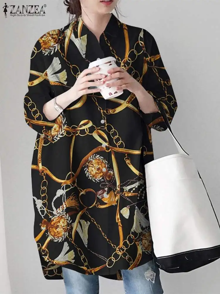 

Осенние женские рубашки ZANZEA 2022, блузка с принтом, повседневные рубашки с длинным рукавом, женские праздничные топы на пуговицах с лацканами,...