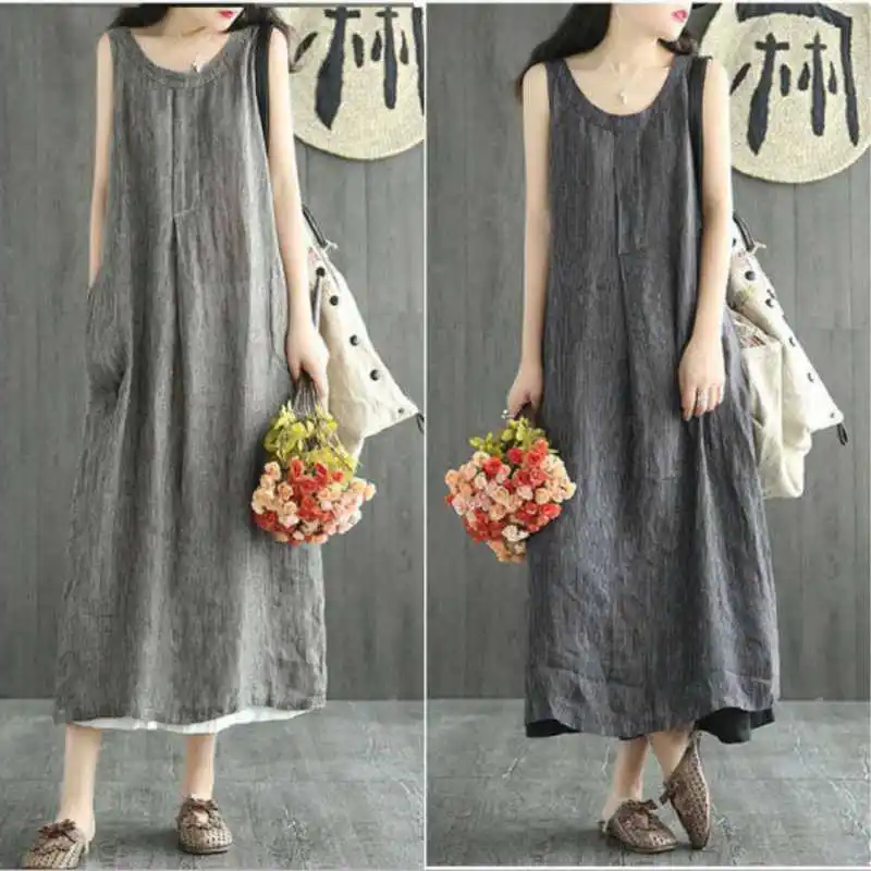 

Summer Women Maxi Dress Loose Casual Striped Translucent Sleeveless O-neck Plus Size Vintage Linen Ladies Long Dresses