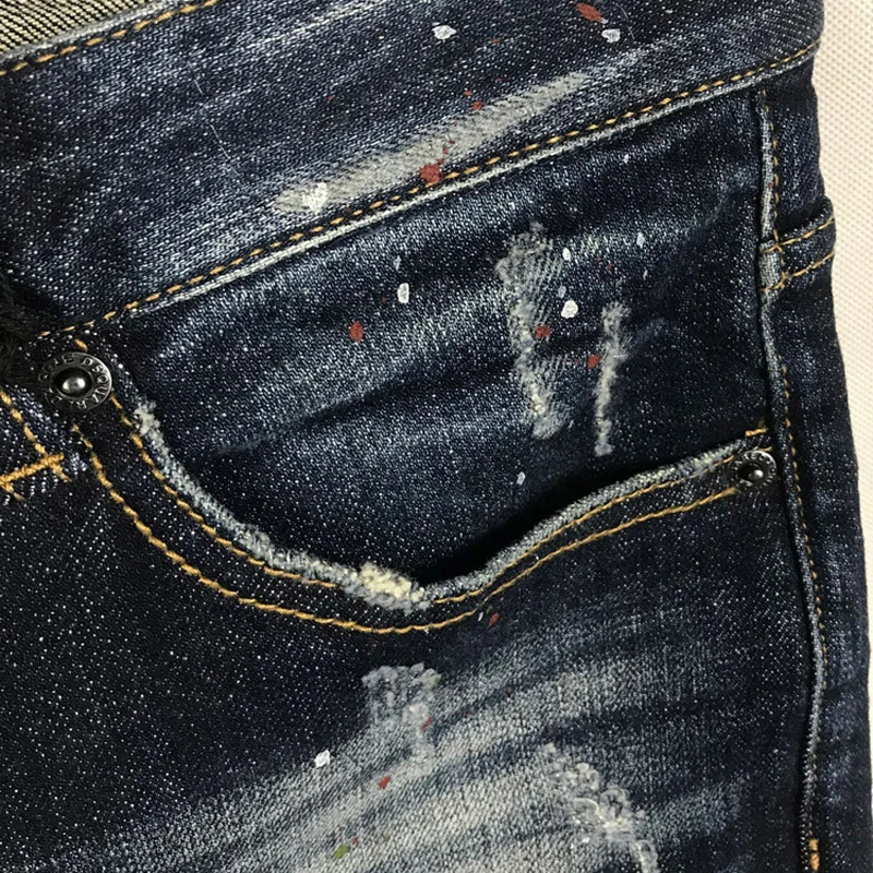 Italian Style Fashion Men Jeans High Quality Vintage Blue Stretch Slim Fit Ripped Jeans Men Painted Designer Brand Pants Hombre