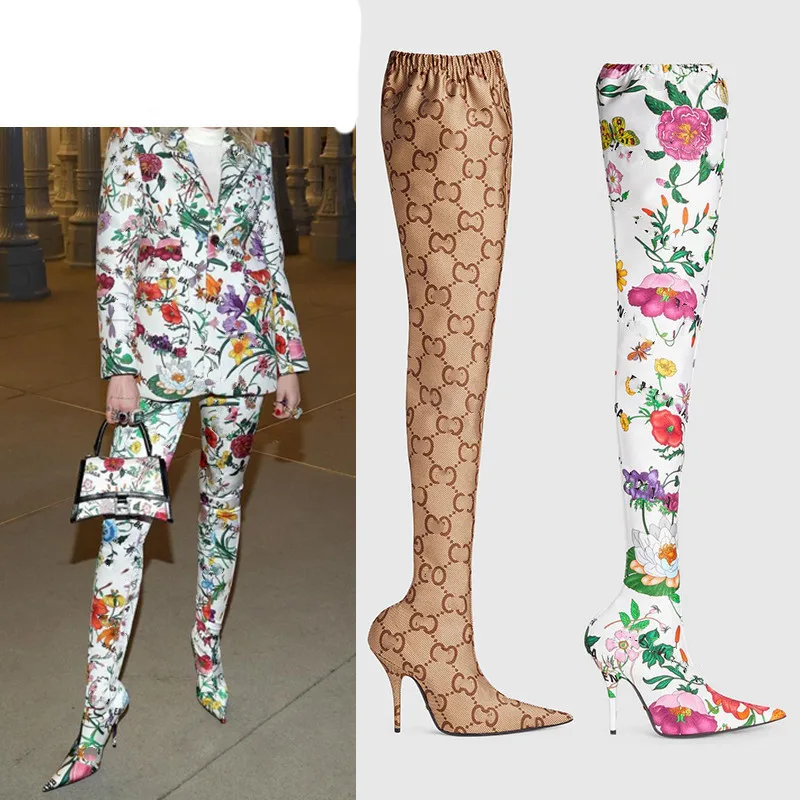 

Trendy European and American Fashion Sexy Over-the-knee Boots Pointed Toe High-heeled Boots Printed Elastic Boots Party Boots