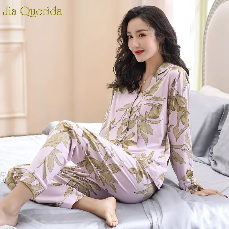 Spring Autumn Pajama Cotton Plush Lady Homewear Women Pyjamas Set Plus Size Floral Printing Women Pyjamas Navy Luxury Loungewear