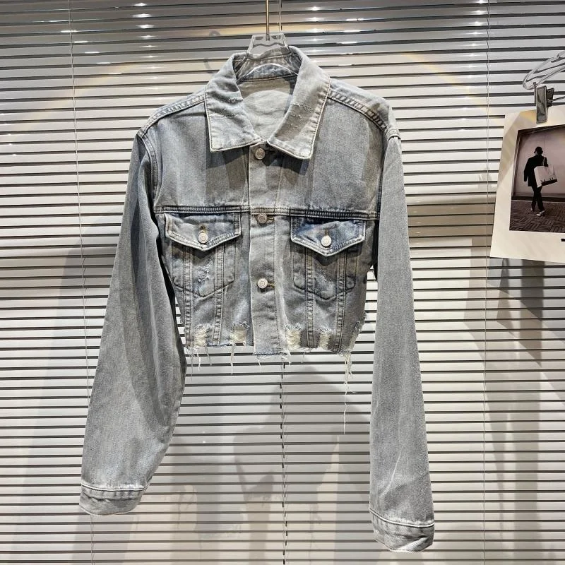 

PREPOMP 2022 Spring New Arrival Long Sleeve Turn Down Collar Vintage Ripped Tassel Light Blue Denim Jacket Women Coat GE040