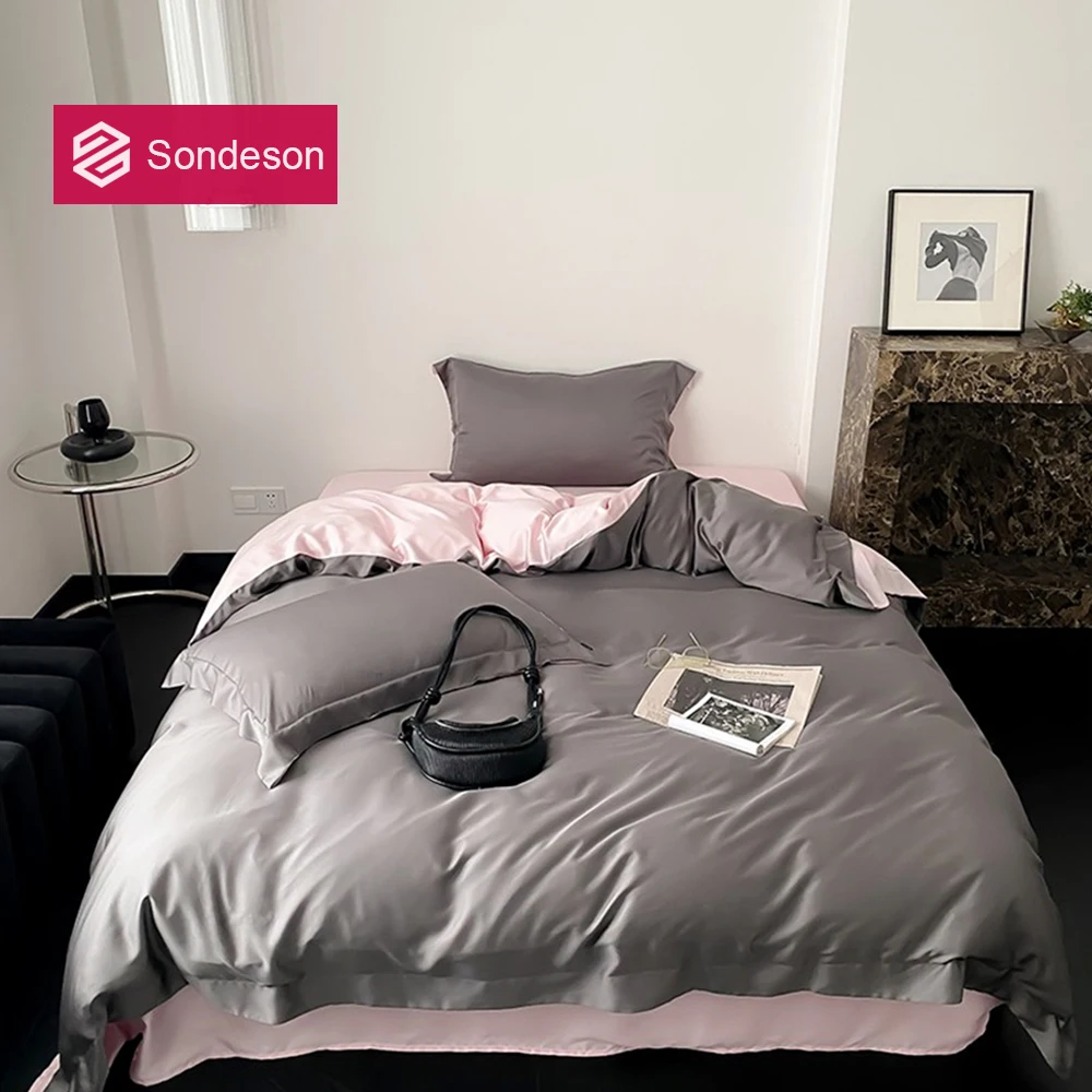 Sondeson Женский комплект постельного белья из натурального 100% шелка серый розовый
