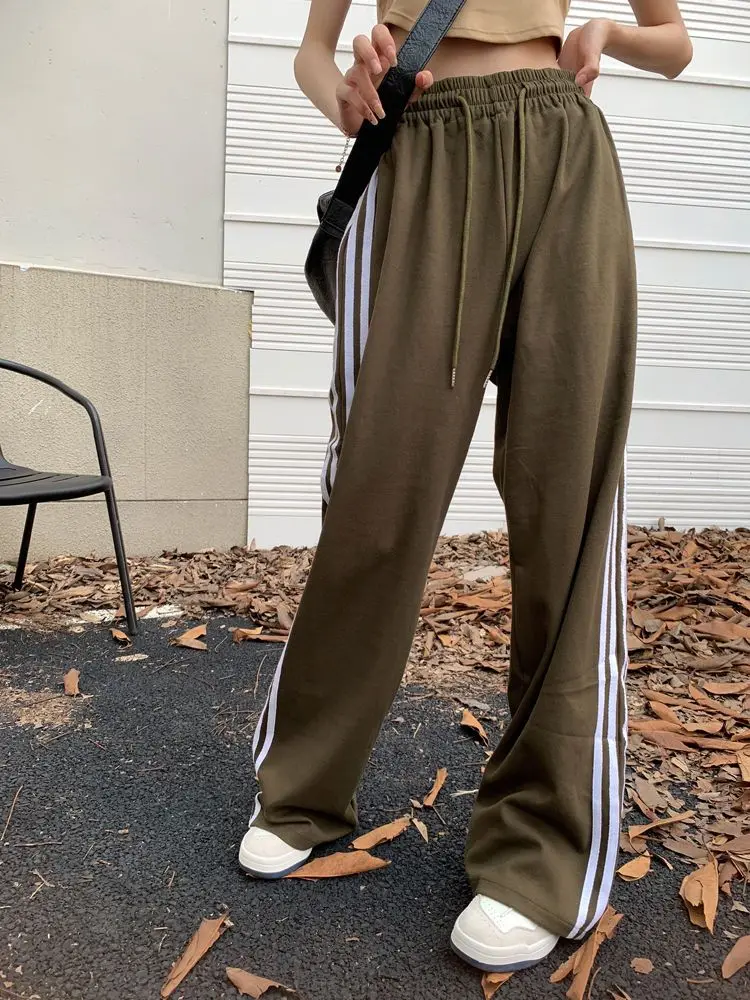 Casual Elastic Waist Sweatpants Streetwear Baggy Wide Leg Pants American Trendy Striped Straight Trousers For Women And Men