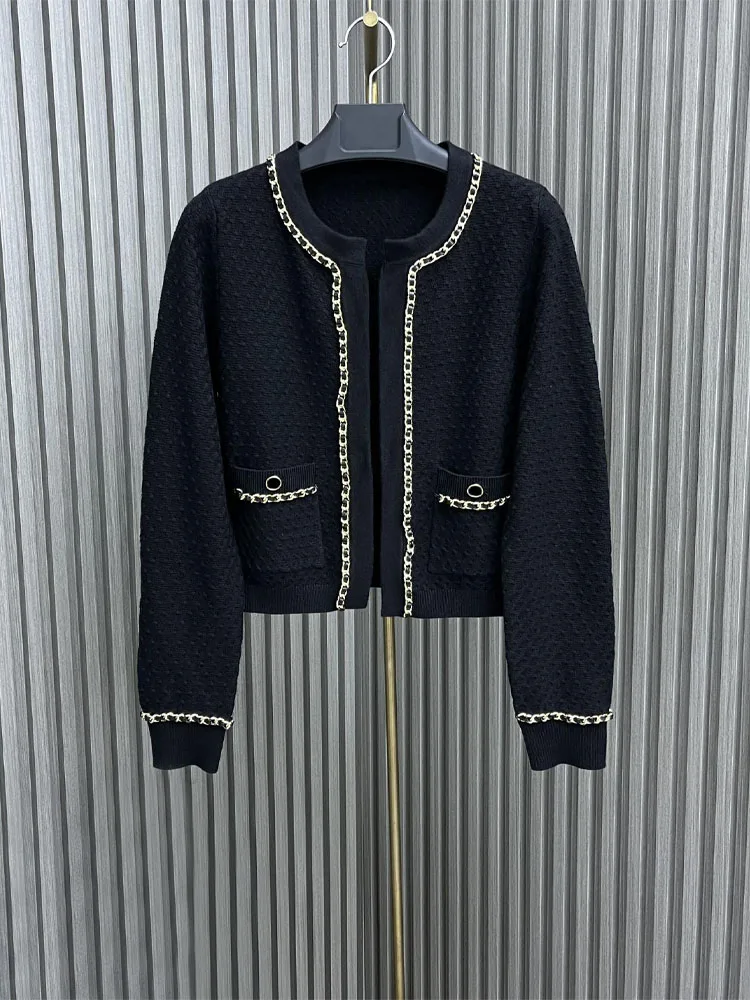 

2023 New Women Spring And Autumn Fashion Comfortable Casual Classic Chain Splicing Short Loose Knit Cardigan For Girls