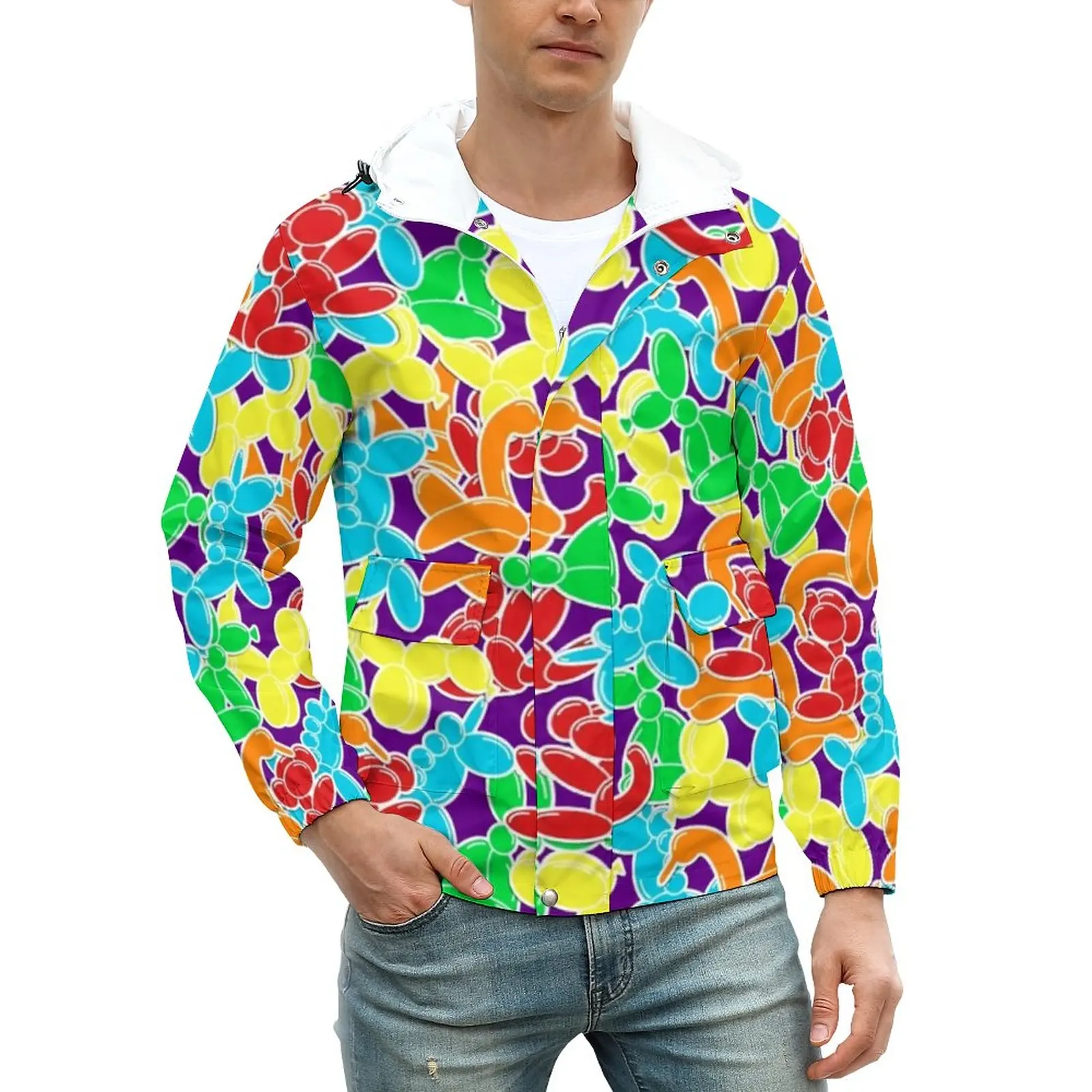 

Куртка с мультяшным принтом воздушных шаров, зимнее современное повседневное пальто с красочными животными, Классическая ветровка с капюш...