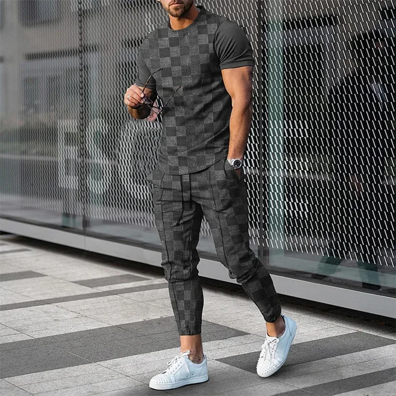 2023 Men's Summer Tracksuit 2 Pieces Lattice Printing T-Shirt+Trousers Set Casual Jogging Suit Fashion Male Oversized Streetwear