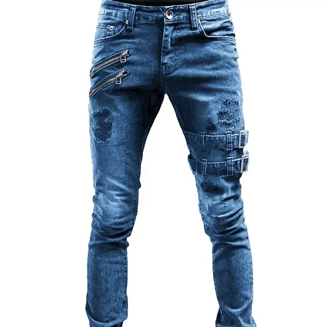 2022Europe and The United States New Leisure Fashion Motorcycle Personality Pop Elastic Small Foot Jeans Mens Jeans  Mens Pants