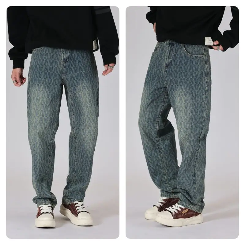 Новое поступление мужские свободные прямые синие потертые джинсы с принтом на