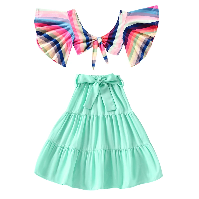 

Детские летние костюмы с юбкой для девочек, топы с разноцветным полосатым принтом и широкими рукавами, Однотонная юбка
