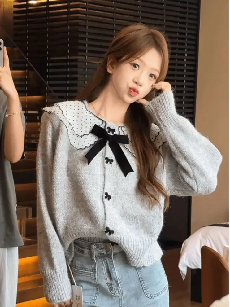 Korejepo Нежный сладкий свитер с кукольным воротником и бантом женский осенний