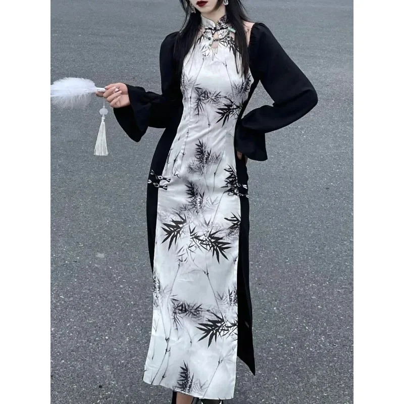 2024 летнее сексуальное черно-белое платье Cheongsam на одно плечо с бамбуковым принтом