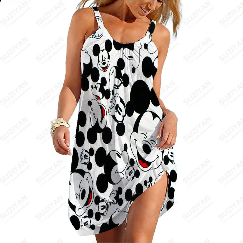 

Summer Sexy Strap Beach Skirt Disney Mickey Mouse Print Women's Sleeveless Strap Dress Hawaii U Neck Girls' Casual Beach Skirt