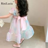 rinilucia summer infant baby girls dress cotton puff sleeve squar collar midi toddler dress print colorful bow cute baby clothes