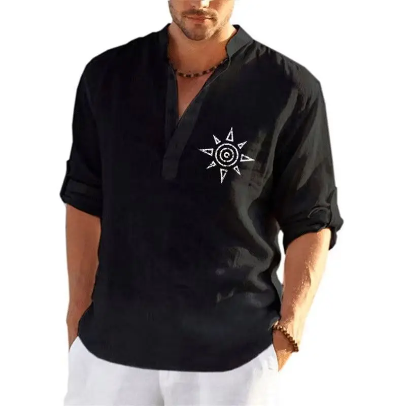 

New Men Linen Long-Sleeve T-Shirt Loose Undershirt Plain Color Cotton Linen Long-Sleeve Shirt Printed Sunflower Jumbo Size S-5XL