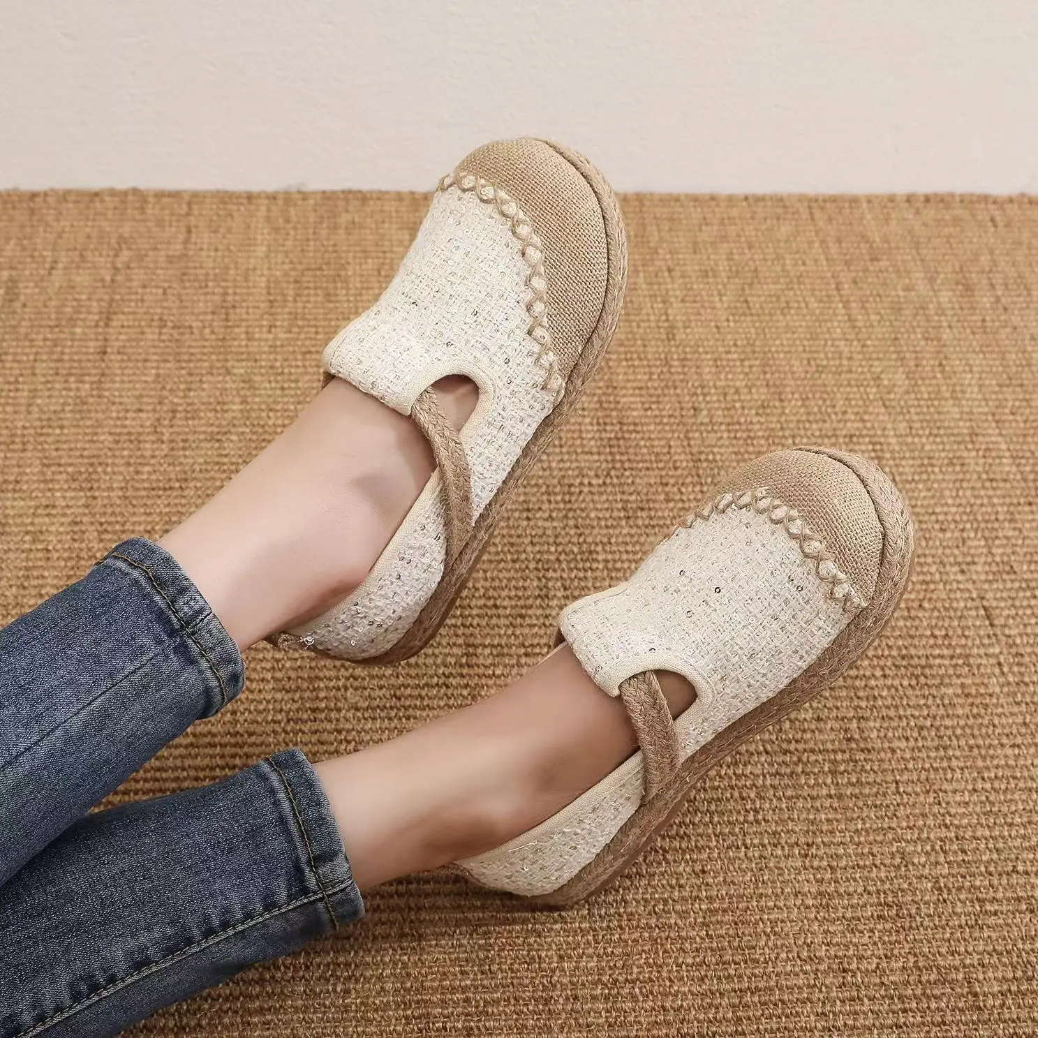 Women's Spring Autumn Linen Flats Woven Casual Shoe Soft Sole Non Slip Round Toe Ethnic Style Canvas Shoes Retro Handmade