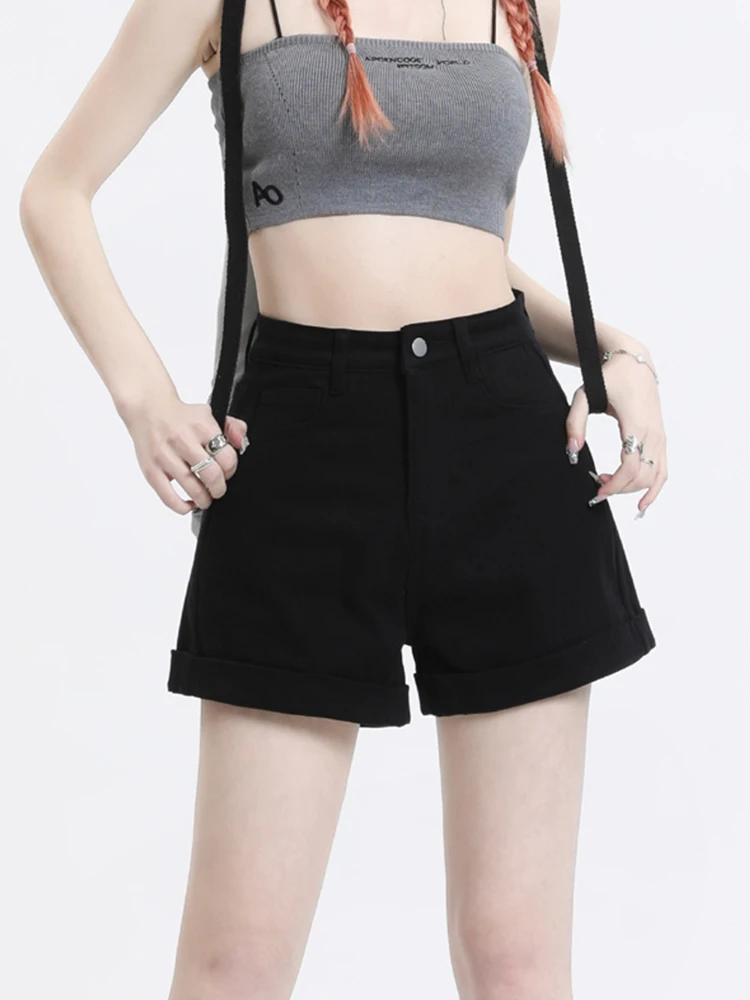 New Spring Summer Women High Waist Button Loose Fit Denim Shorts Casual Female Button Classic Black Jeans Shorts