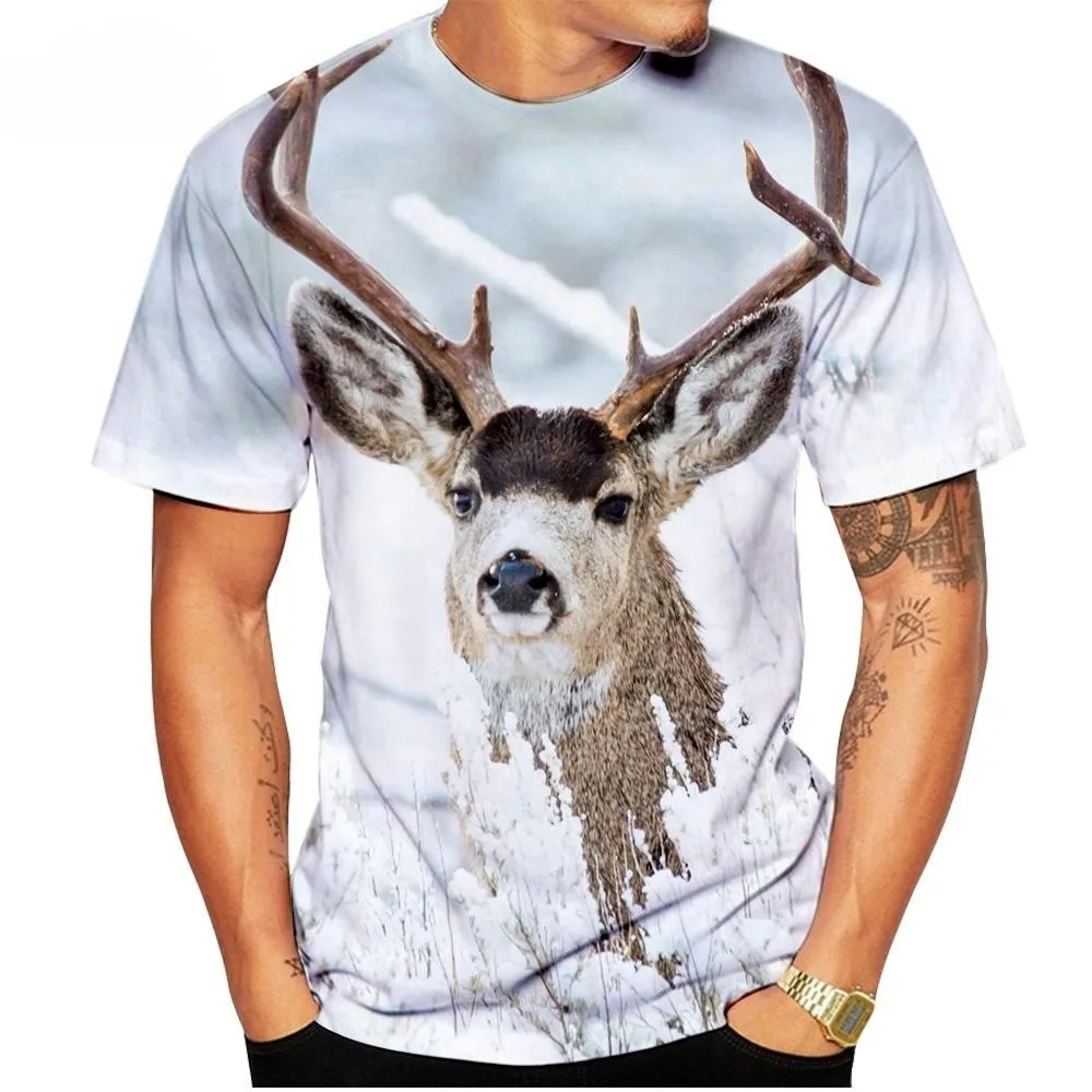 

2023 Fashion Elk Pattern Printed Men's T Shirt Round Neck Loose Tops Breathable Comfortable Summer Casual Oversized Clothing