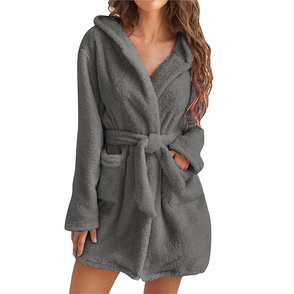 

Winter 2022 Bath Robe for Women Pure Color Warm Wool Belted Cardigan Hooded Pocket Homewear Jacket Women Robes Homeclothes