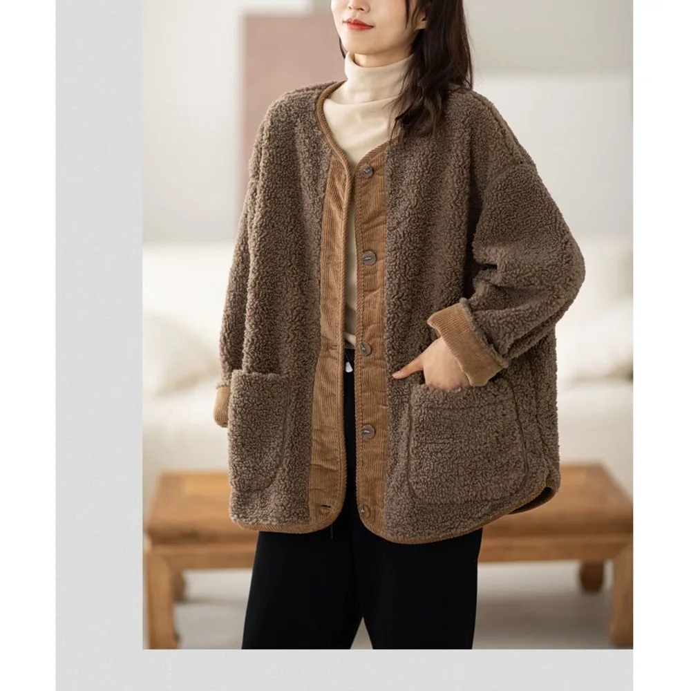 Autumn and winter Korean round neck long sleeve loose warm patchwork corduroy pocket lamb wool coat female fashion