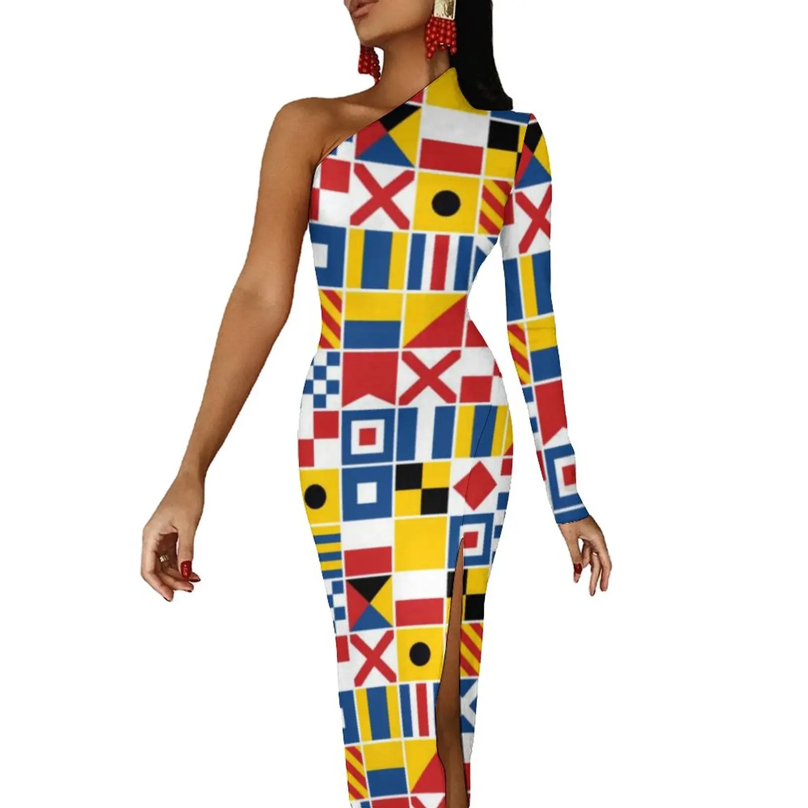 

Nautical Signal Maxi Dress One Shoulder Colorful Flags Elegant Bodycon Dress High Slit Party Long Dresses Woman Print Vestidos