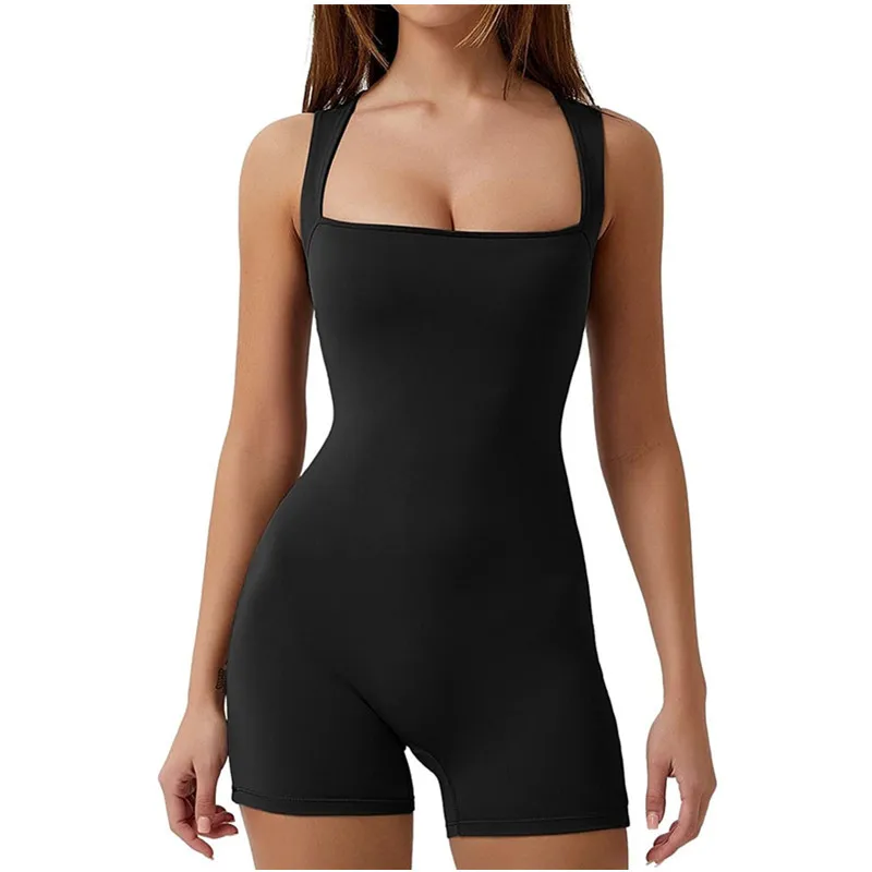 

Summer women's romper with a lace-up square neck vest and leotard sports workout training suit