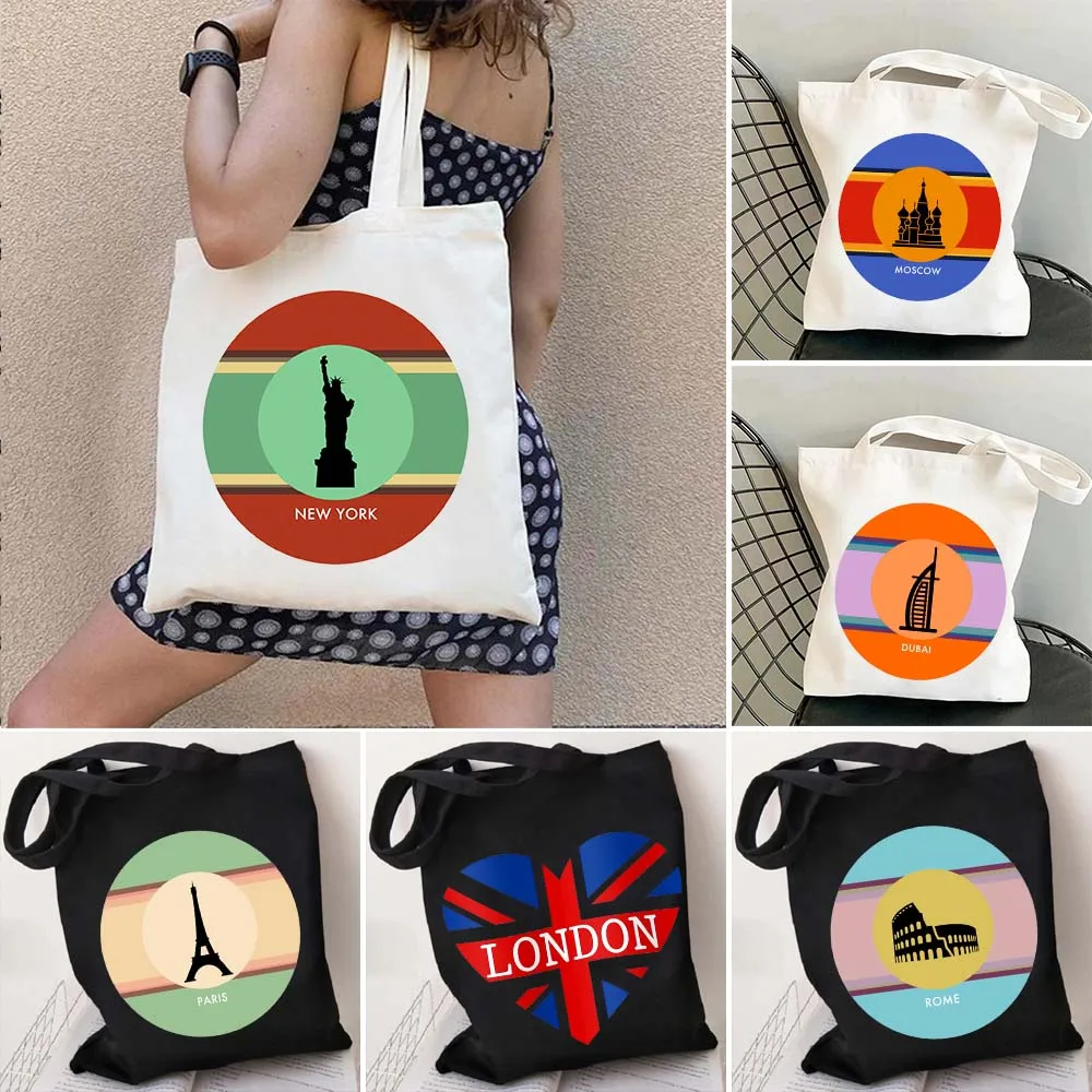 

Dubai London MOSCOW New York PARIS Tokyo Rome CAIRO Rainbow City Women's Canvas Shoulder Totes Bag Cotton Shopping Beach Handbag