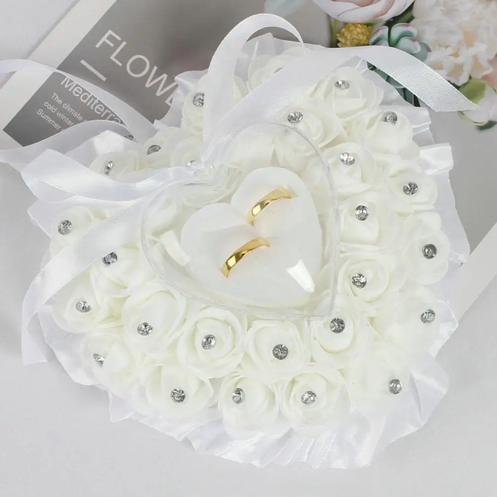 

European Wedding Bearer Pillow Cushion Romantic Ivory Satin Crystal Pillow Heart Shape For Engagement Propose Marriage C0L1