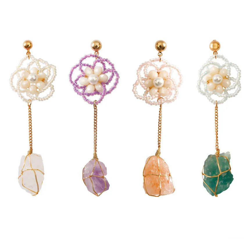 

Серьги-подвески из медной проволоки с натуральным необработанным кварцевым кристаллом, серьги с жемчугом из 2022 семян бисера, Эффектные сер...