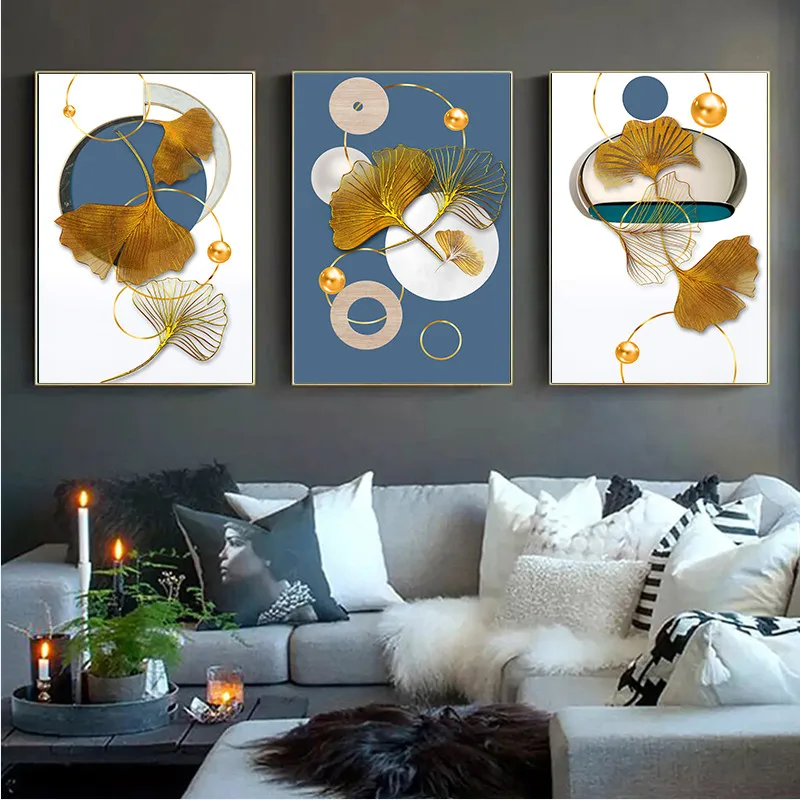 

Golden Plant Leaf Canvas Painting Abstract Geometric Poster Nordic Wall Art Print Interior Living Room Decor Frameless Pictures