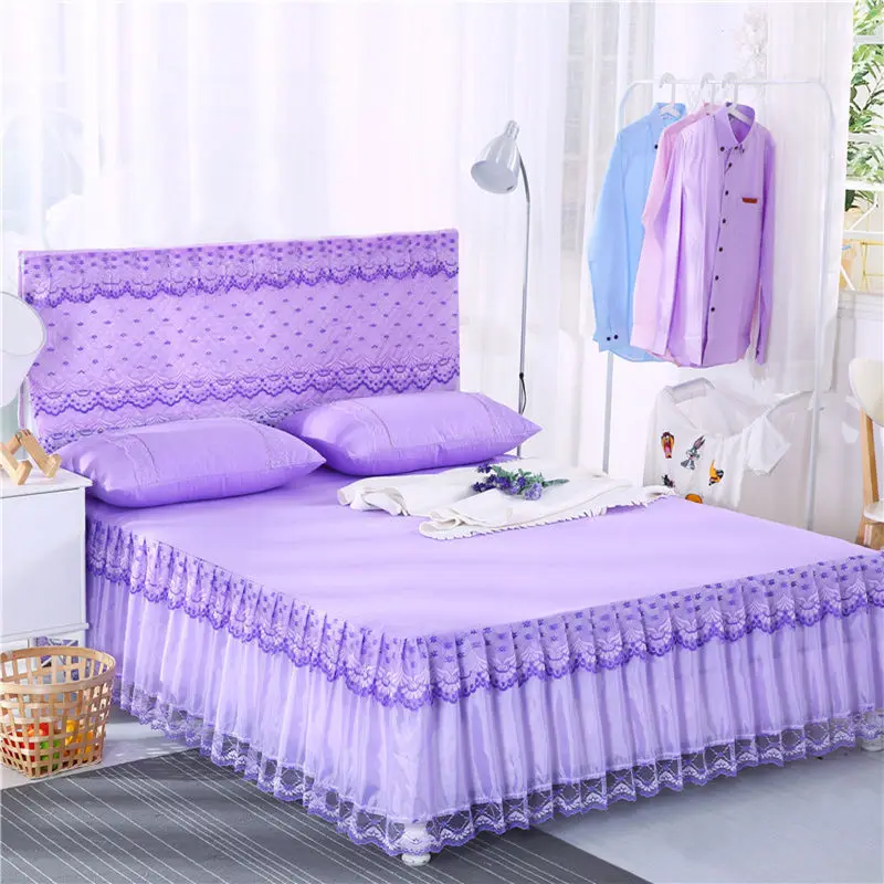

Princess Lace Bed Skirt Pillowcases 3pcs Set Polyester Solid Color Luxury Full Queen Pink Purple Non Slip Bedspread Pillowcase