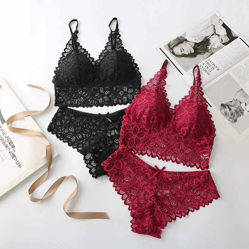

Women Lace Bra Set Sexy Lingerie Set French Lace Panties Cropped Bra Pantys Set Female Intimates Seamless Underwear Set